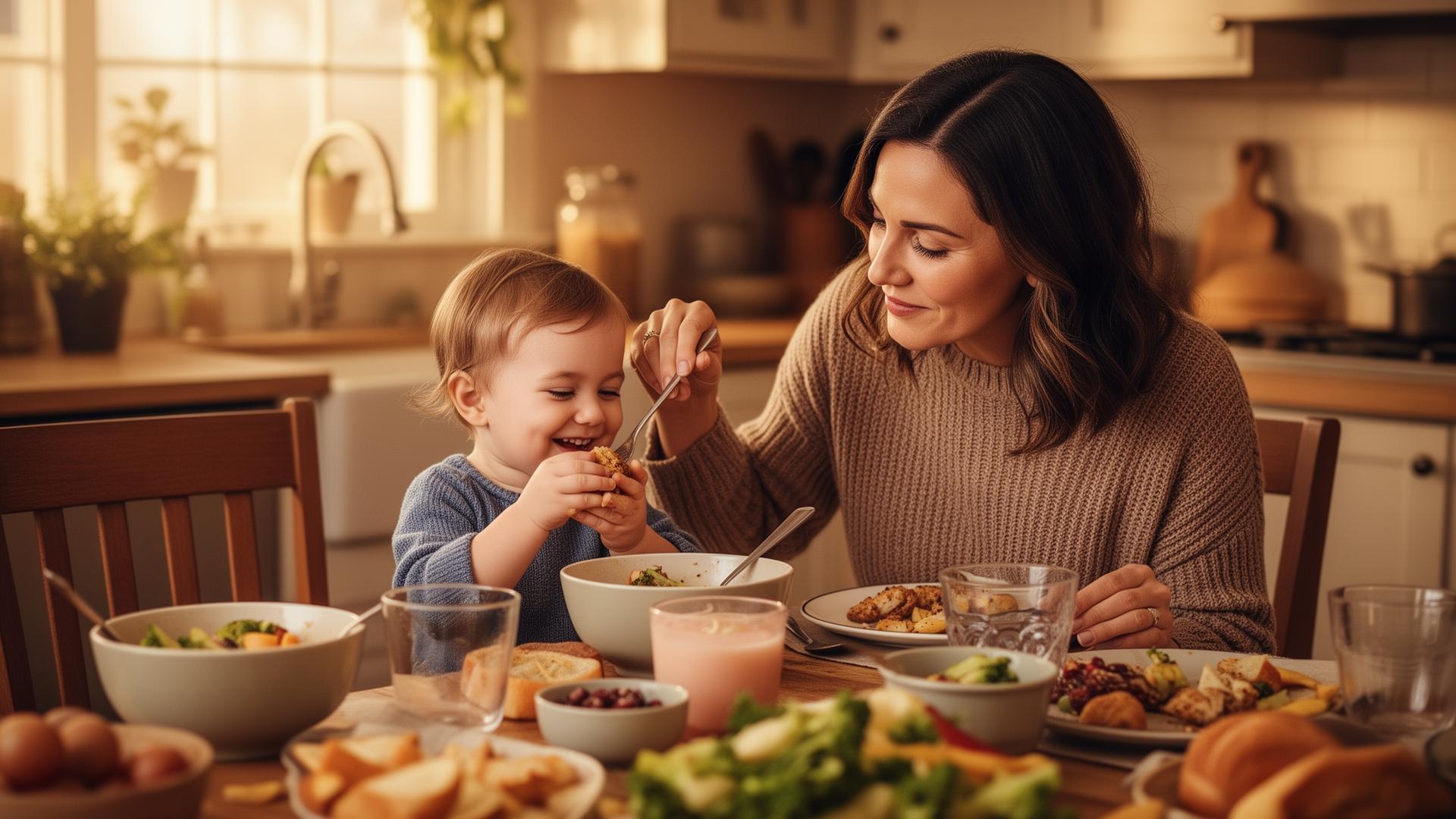 Mãe alimentando criança à mesa